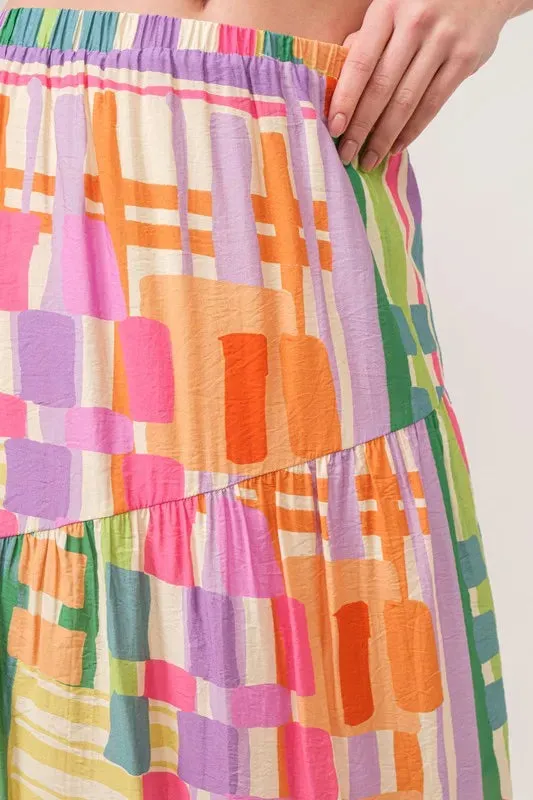 Asymmetric Geo Printed Tiered Maxi Skirt