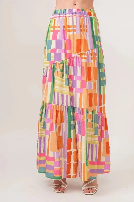 Asymmetric Geo Printed Tiered Maxi Skirt