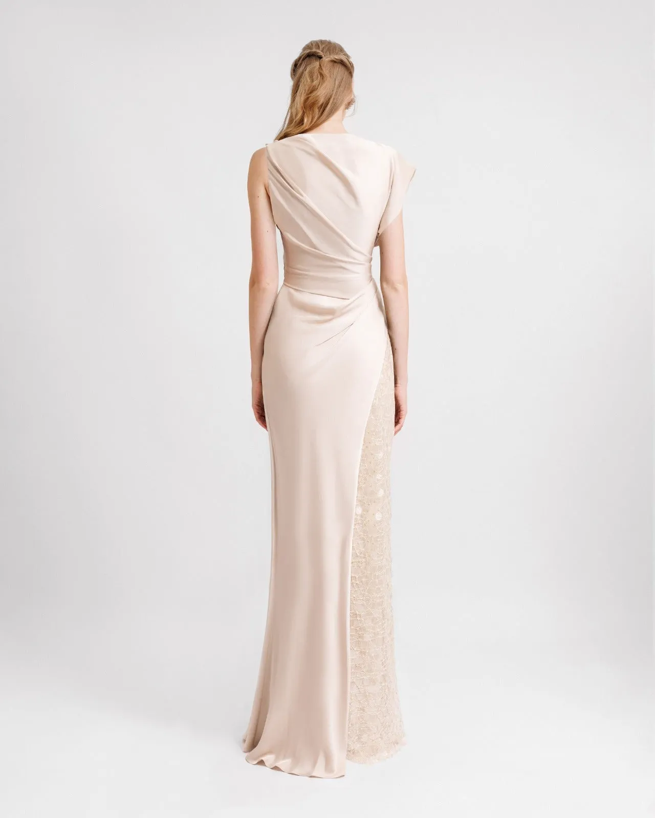 Asymmetrical Draped Champagne Satin dress