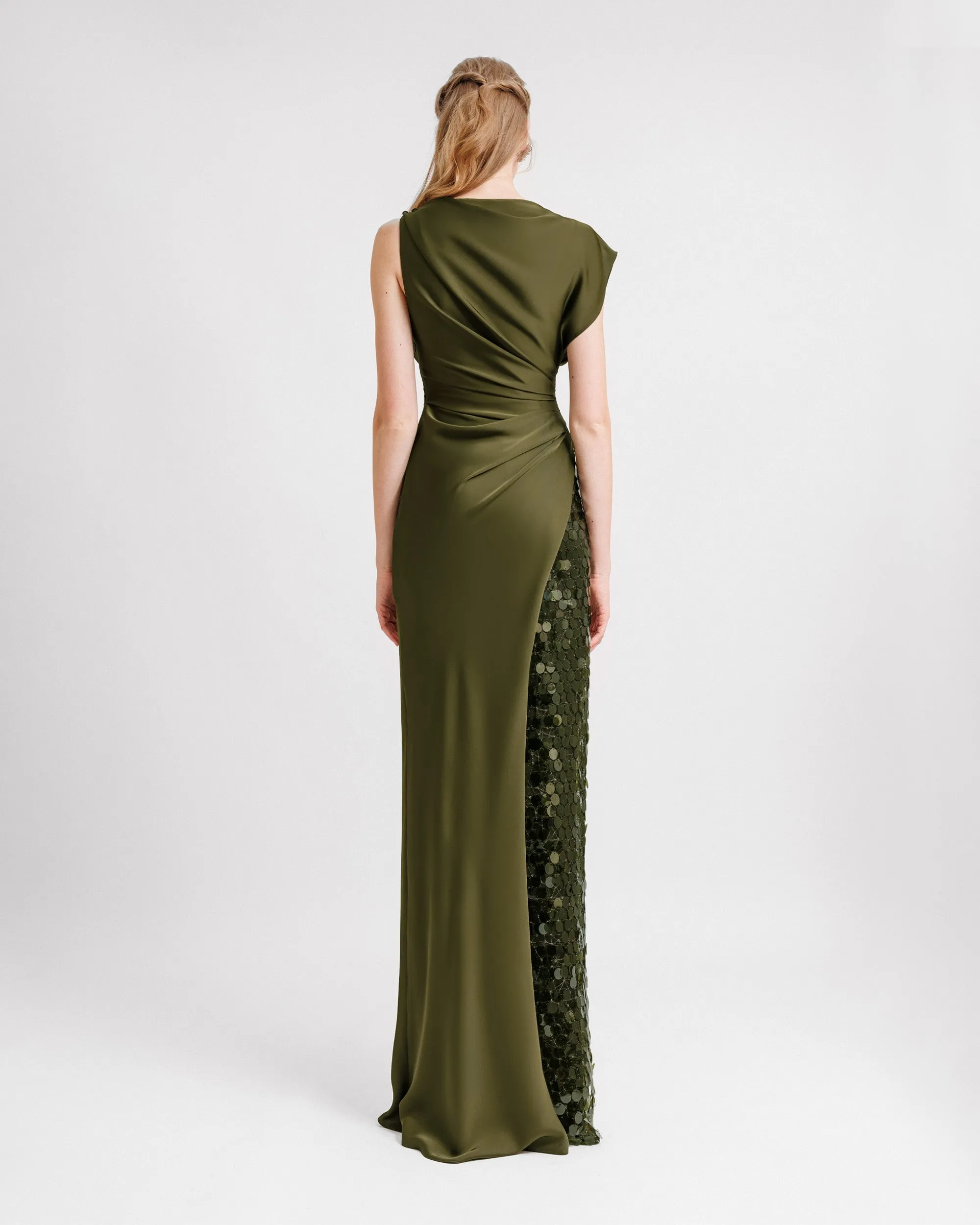 Asymmetrical draped satin dress
