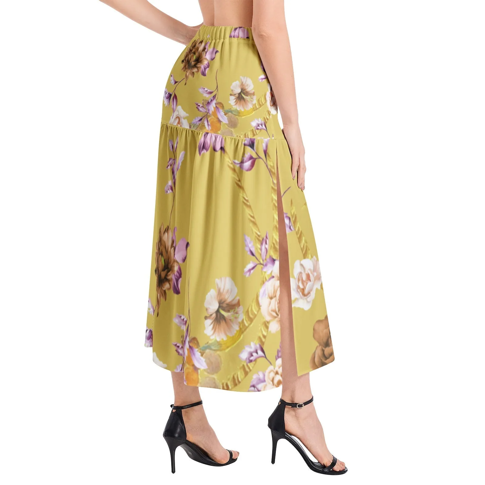 Elastic Waist Ruffle Slit Hem Skirt