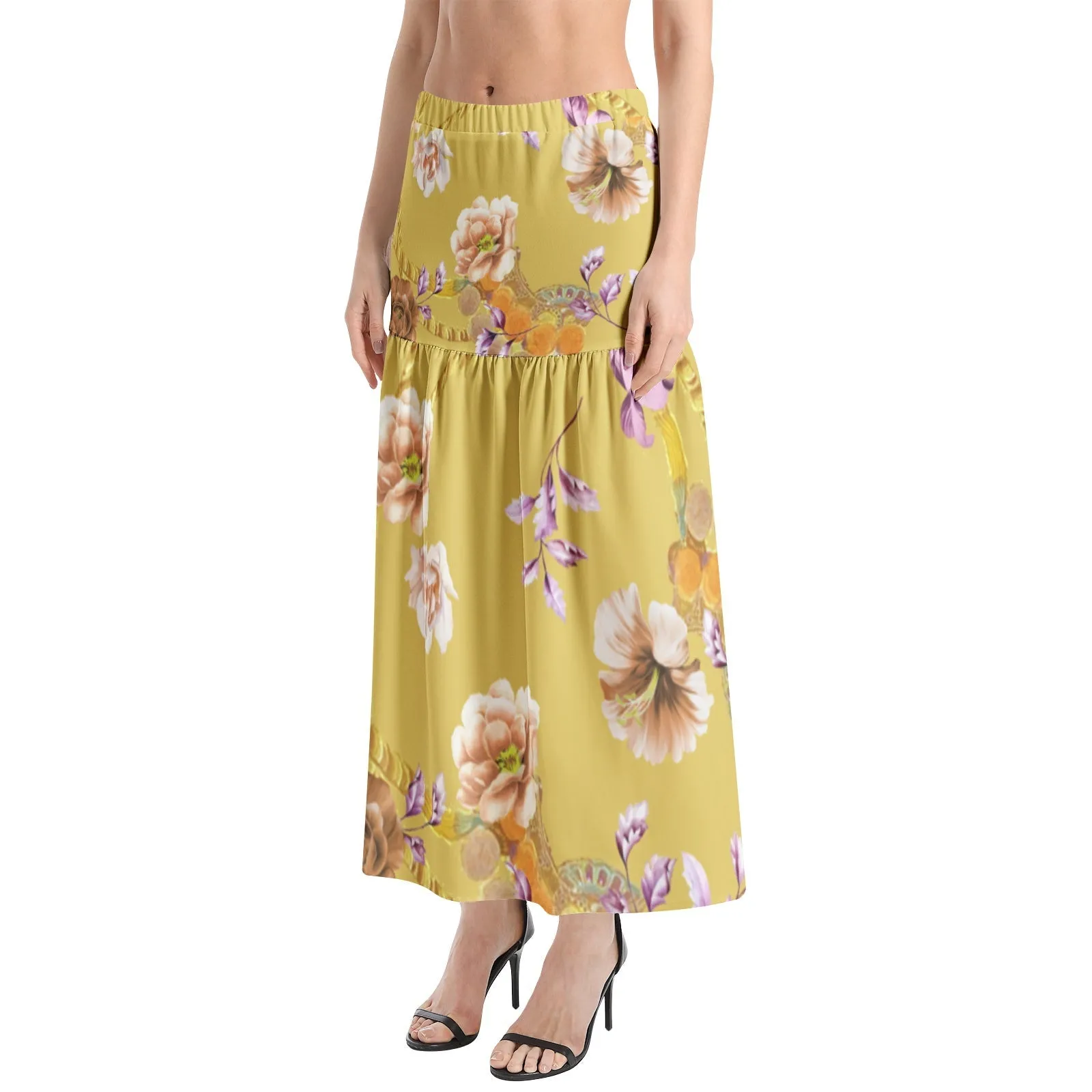 Elastic Waist Ruffle Slit Hem Skirt