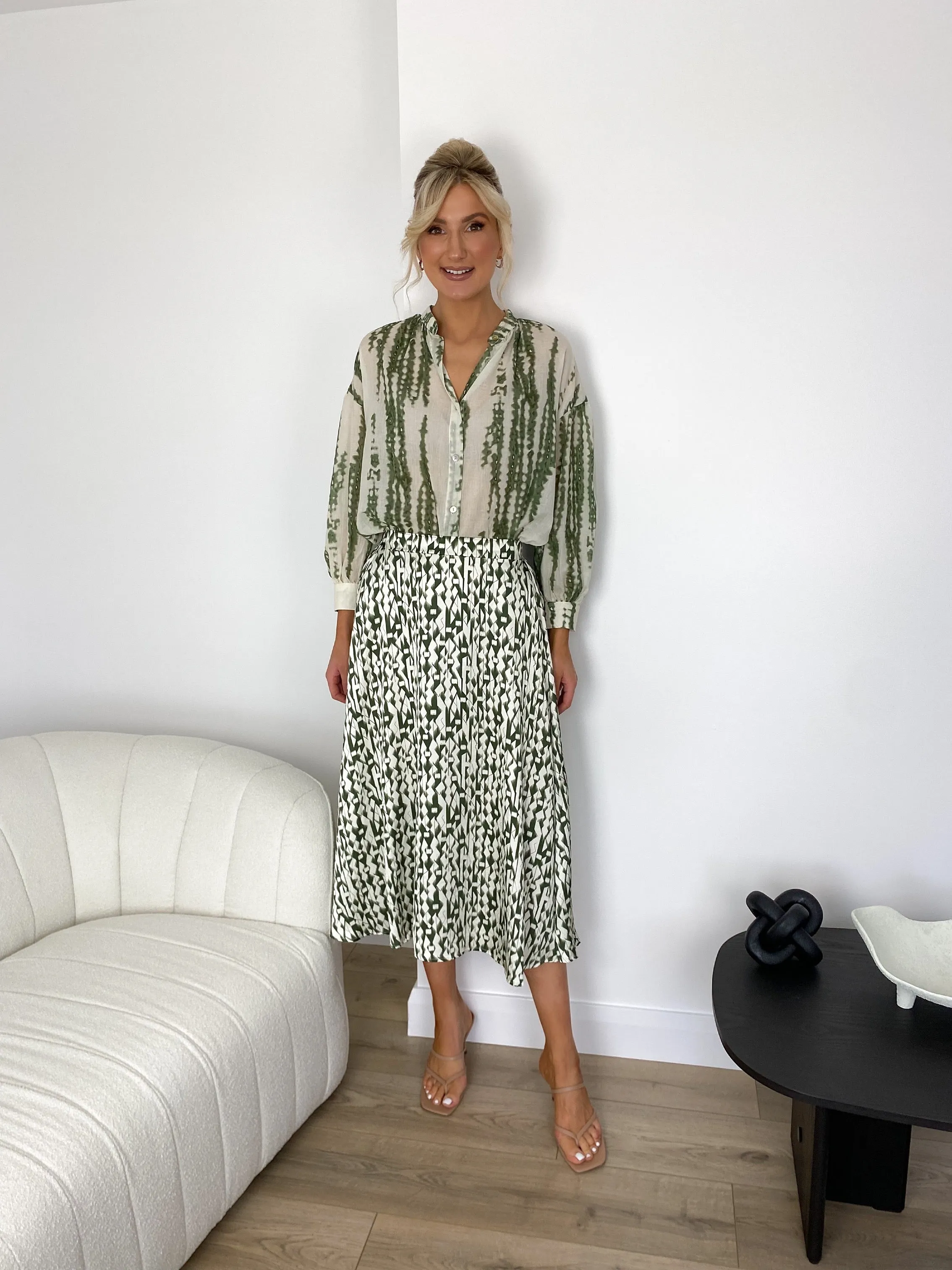 Giulia Printed Midi Satin Skirt - Green