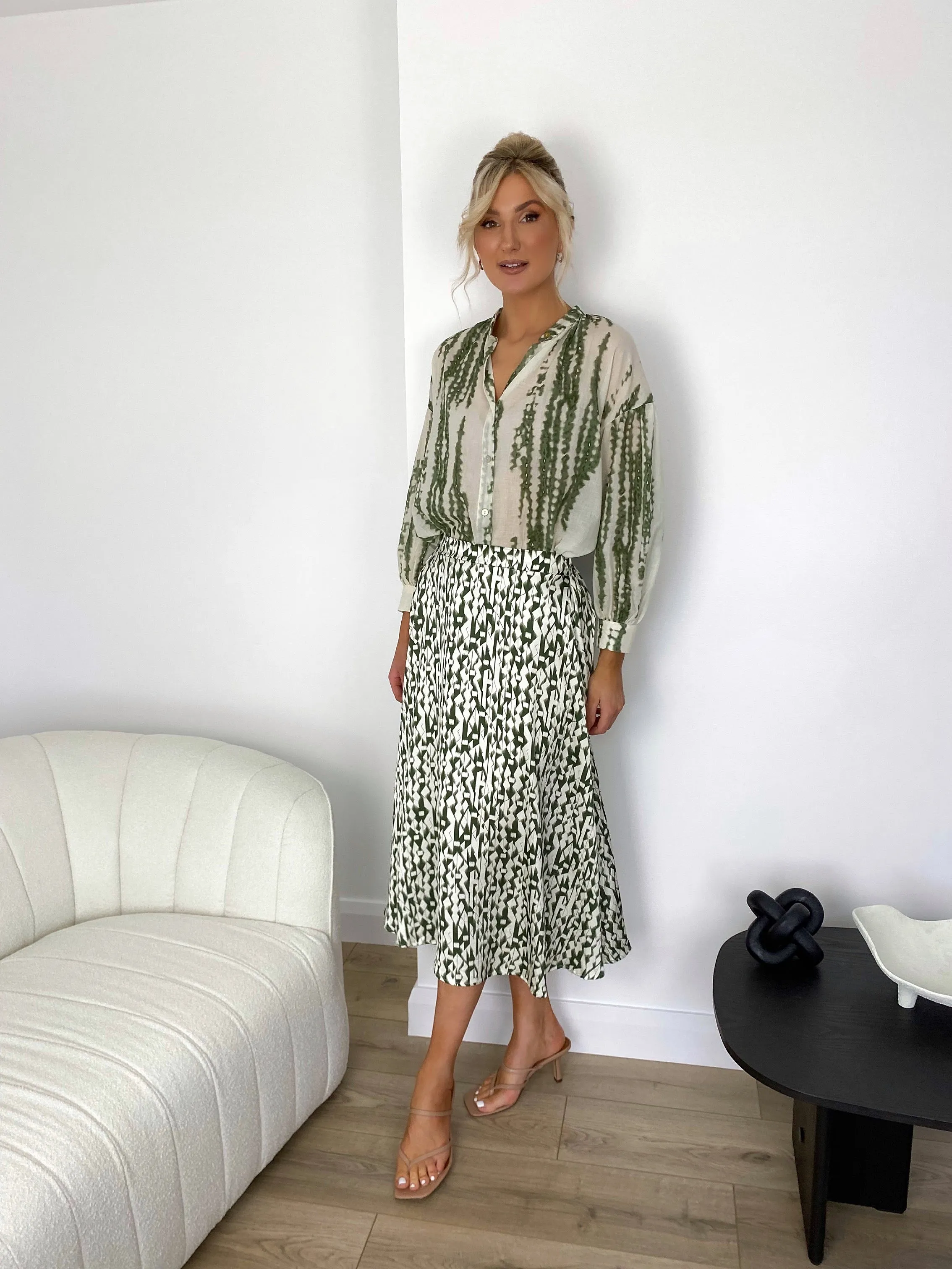 Giulia Printed Midi Satin Skirt - Green