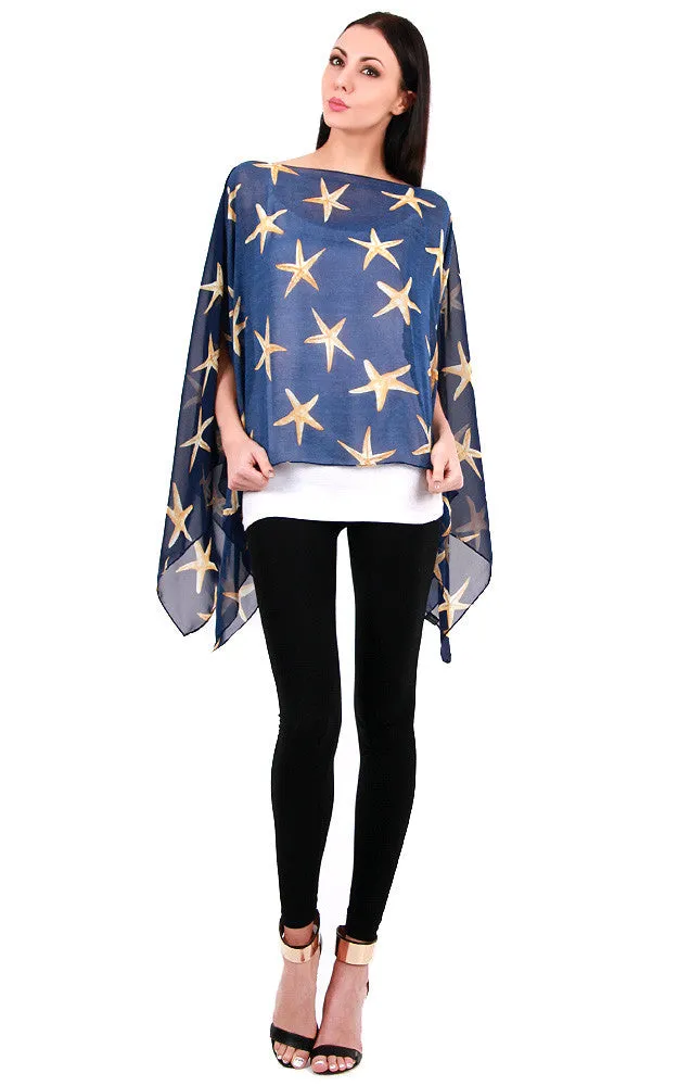 JP338 Navy Star Fish Print Chiffon Poncho