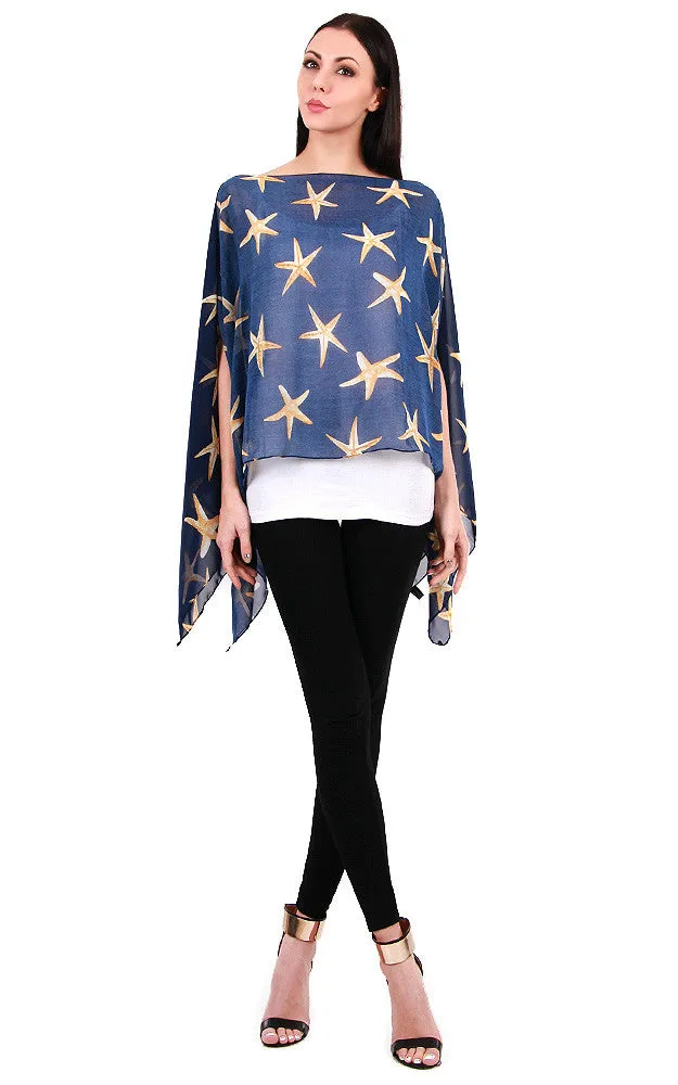 JP338 Navy Star Fish Print Chiffon Poncho
