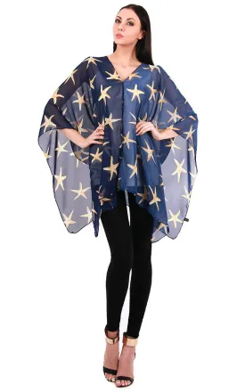 JP338 Navy Star Fish Print Chiffon Poncho