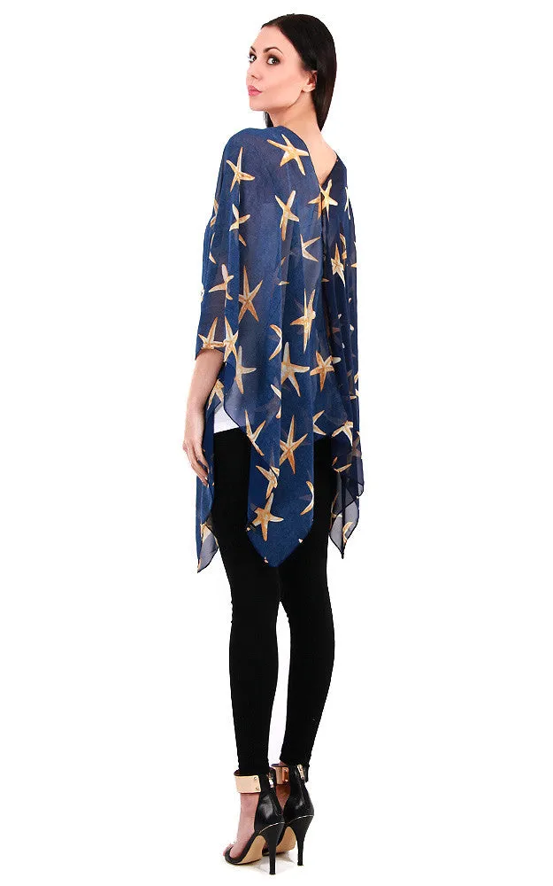 JP338 Navy Star Fish Print Chiffon Poncho