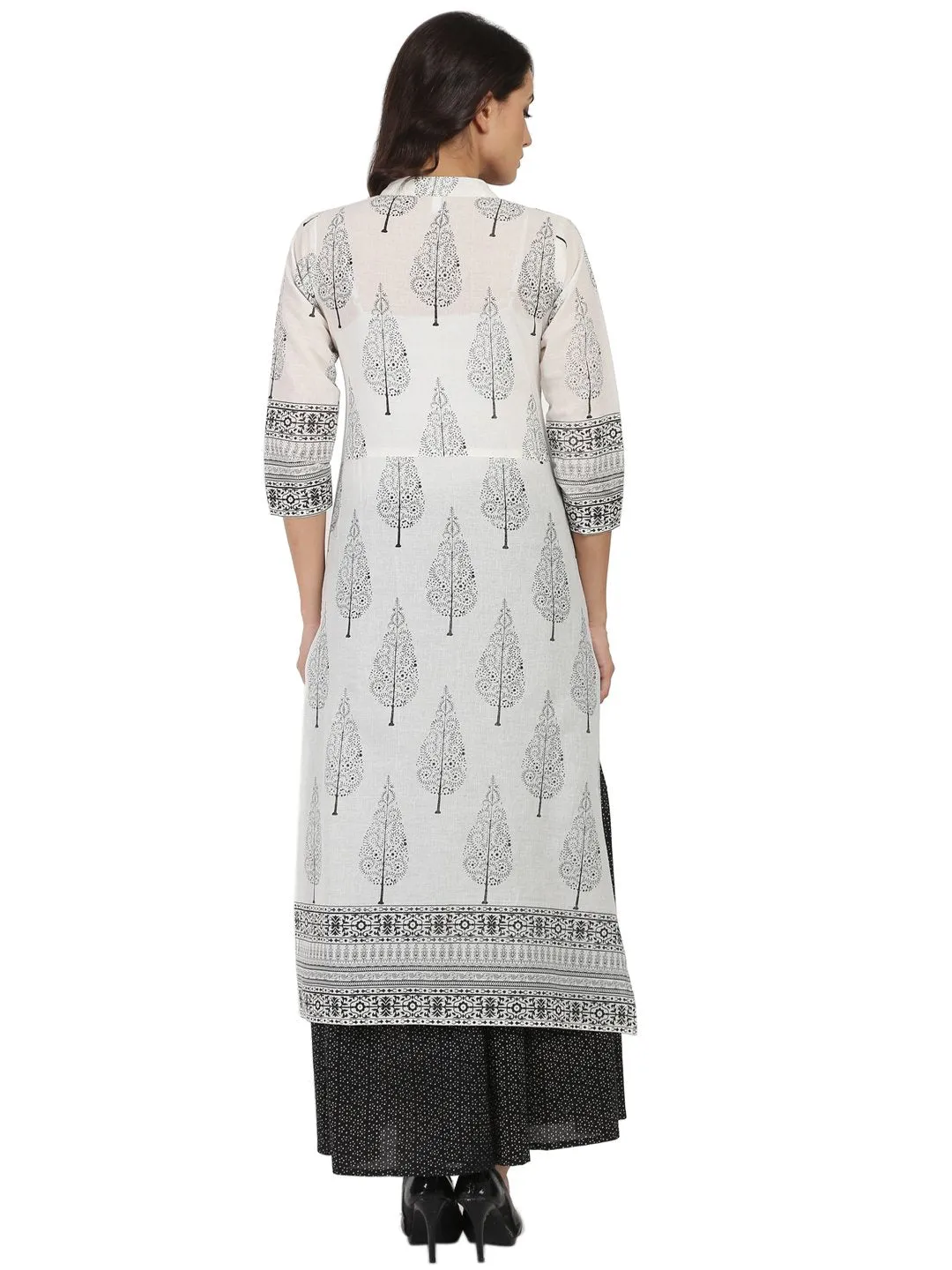 Off White Printed 3/4Th Sleeve Cotton Kurta With Black Printed Skirt
